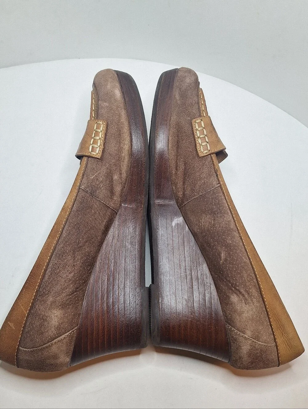 L.L. Bean Shoes Taupe Brown Suede Leather Wedge Penny Loafers Slip On Sz US 11 M